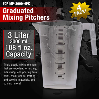 3 Liter (3000ml) Plastic Graduated Measuring and Mixing Pitcher (Pack of 4) - 3 Quarts - Pouring Cup, Measure & Mix Paint, Resin, Cooking