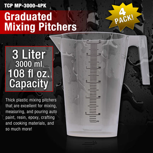 TCP Global 3 Liter (3000ml) Plastic Graduated Measuring and Mixing Pitcher (Pack of 4) - 3 Quarts - Pouring Cup, Measure & Mix Paint, Resin, Cooking