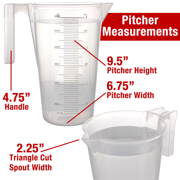 TCP Global 3 Liter (3000ml) Plastic Graduated Measuring and Mixing Pitcher (Pack of 4) - 3 Quarts - Pouring Cup, Measure & Mix Paint, Resin, Cooking