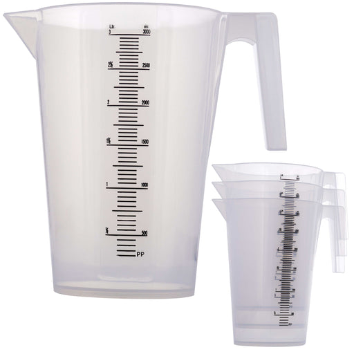 TCP Global 3 Liter (3000ml) Plastic Graduated Measuring and Mixing Pitcher (Pack of 4) - 3 Quarts - Pouring Cup, Measure & Mix Paint, Resin, Cooking