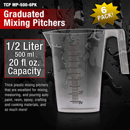 1/2 Liter (500ml) Plastic Graduated Measuring and Mixing Pitcher (Pack of 6) - 1 Pint (16oz) - Pouring Cups, Measure & Mix Paint, Cooking