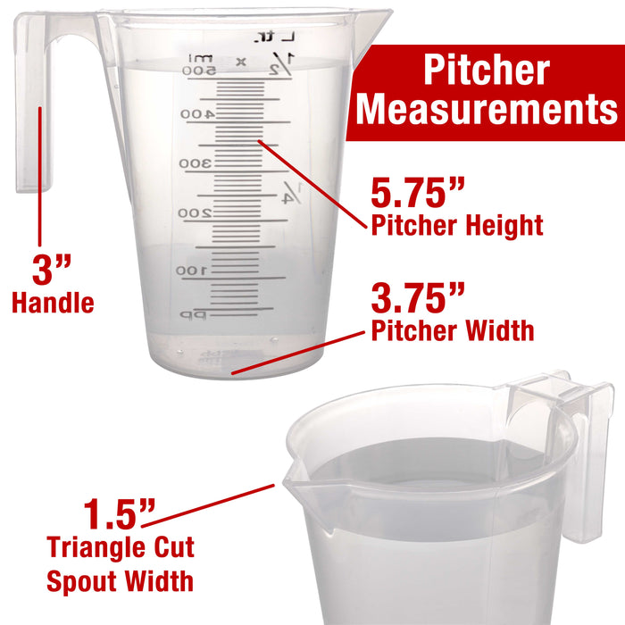 TCP Global 1/2 Liter (500ml) Plastic Graduated Measuring and Mixing Pitcher (Pack of 6) - 1 Pint (16oz) - Pouring Cups, Measure & Mix Paint, Cooking