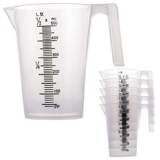 TCP Global 1/2 Liter (500ml) Plastic Graduated Measuring and Mixing Pitcher (Pack of 6) - 1 Pint (16oz) - Pouring Cups, Measure & Mix Paint, Cooking