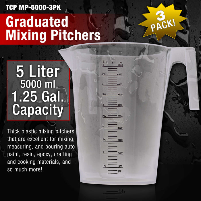 TCP Global 5 Liter (5000ml) Plastic Graduated Measuring and Mixing Pitcher (3-Pack) - 5 Quarts 1.25 Gallons- Pouring Cup, Measure & Mix Paint, Cooking