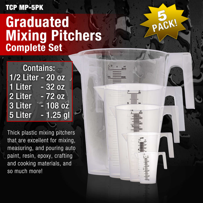 TCP Global 5 Piece Set of Plastic Graduated Measuring Mixing Pitchers - 500, 1000, 2000, 3000, 5000 ml Sizes - Pouring Cups Measure Mix Paint, Cooking