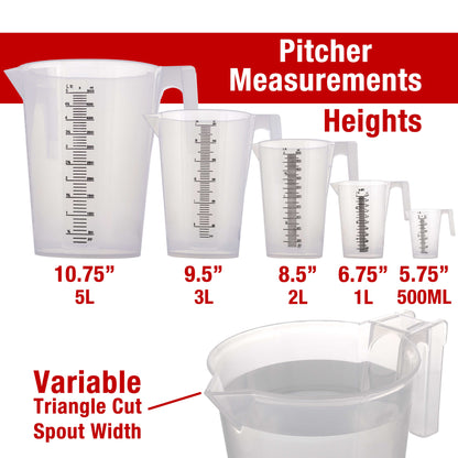 5 Piece Set of Plastic Graduated Measuring Mixing Pitchers - 500, 1000, 2000, 3000, 5000 ml Sizes - Pouring Cups Measure Mix Paint, Cooking