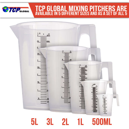 5 Piece Set of Plastic Graduated Measuring Mixing Pitchers - 500, 1000, 2000, 3000, 5000 ml Sizes - Pouring Cups Measure Mix Paint, Cooking