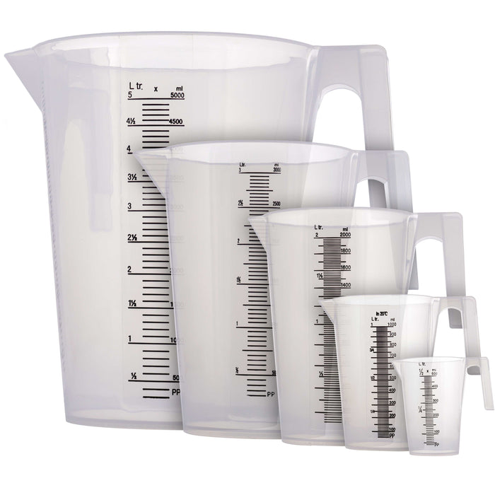 TCP Global 5 Piece Set of Plastic Graduated Measuring Mixing Pitchers - 500, 1000, 2000, 3000, 5000 ml Sizes - Pouring Cups Measure Mix Paint, Cooking