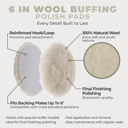 Premium 6 Inch Wool Buffing Pads (2 Pack) - 100% Natural Wool Buffer Pads, Polishing Pad for Car Detailing - 1 Inch Thick Pile, Hook and Loop Buffing