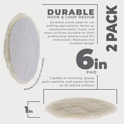 Premium 6 Inch Wool Buffing Pads (2 Pack) - 100% Natural Wool Buffer Pads, Polishing Pad for Car Detailing - 1 Inch Thick Pile, Hook and Loop Buffing
