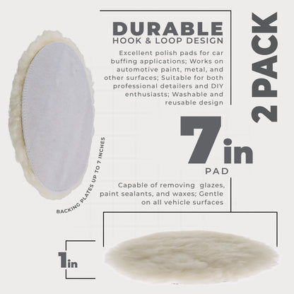 Premium 7 Inch Wool Buffing Pads (2 Pack) - 100% Natural Wool Buffer Pads, Polishing Pad for Car Detailing - 1 Inch Thick Pile, Hook and Loop Buffing