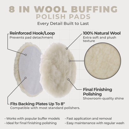 Premium 8 Inch Wool Buffing Pads (2 Pack) - 100% Natural Wool Buffer Pads, Polishing Pad for Car Detailing - 1 Inch Thick Pile, Hook and Loop Buffing