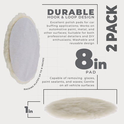 Premium 8 Inch Wool Buffing Pads (2 Pack) - 100% Natural Wool Buffer Pads, Polishing Pad for Car Detailing - 1 Inch Thick Pile, Hook and Loop Buffing