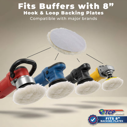 Premium 8 Inch Wool Buffing Pads (2 Pack) - 100% Natural Wool Buffer Pads, Polishing Pad for Car Detailing - 1 Inch Thick Pile, Hook and Loop Buffing