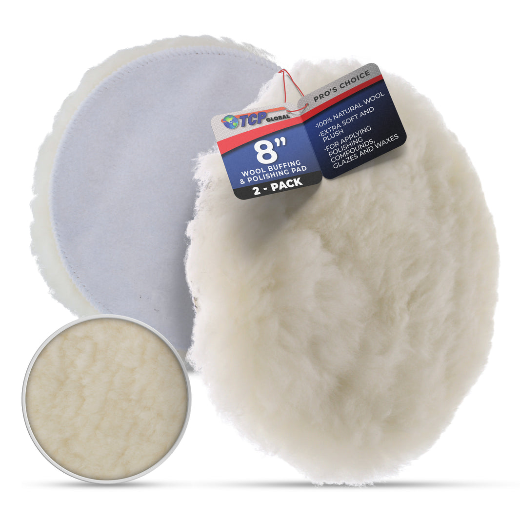 Premium 8 Inch Wool Buffing Pads (2 Pack) - 100% Natural Wool Buffer Pads, Polishing Pad for Car Detailing - 1 Inch Thick Pile, Hook and Loop Buffing