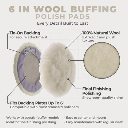 Premium 6 Inch Wool Buffing Pads (2 Pack) - 100% Natural Wool Buffer Pads, Polishing Pad for Car Detailing - 1 Inch Thick Pile, Tie-On Bonnet Buffing