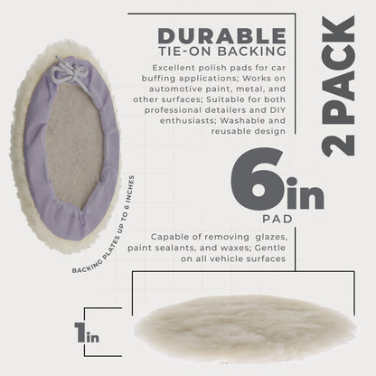 Premium 6 Inch Wool Buffing Pads (2 Pack) - 100% Natural Wool Buffer Pads, Polishing Pad for Car Detailing - 1 Inch Thick Pile, Tie-On Bonnet Buffing
