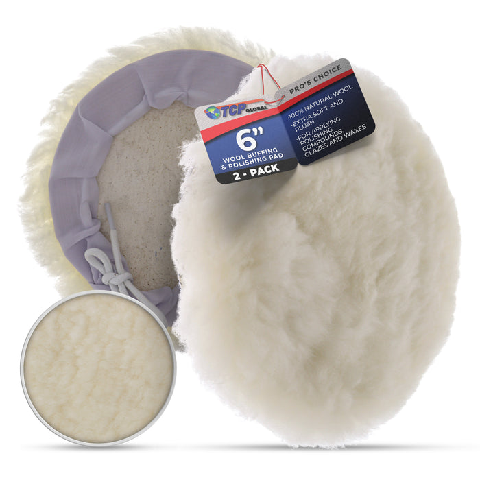 Premium 6 Inch Wool Buffing Pads (2 Pack) - 100% Natural Wool Buffer Pads, Polishing Pad for Car Detailing - 1 Inch Thick Pile, Tie-On Bonnet Buffing Pad for Orbital Buffer