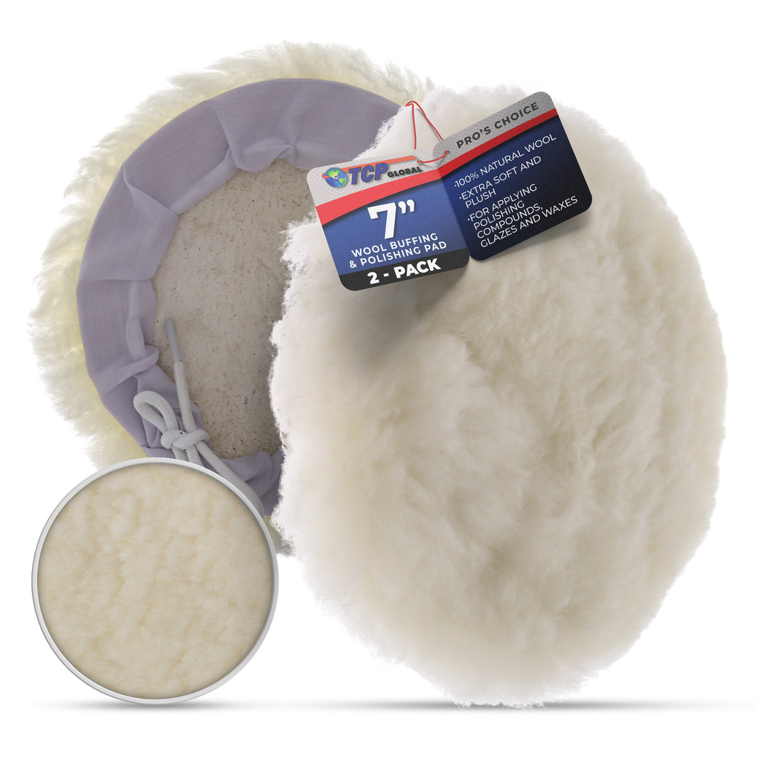 Premium 7 Inch Wool Buffing Pads (2 Pack) - 100% Natural Wool Buffer Pads, Polishing Pad for Car Detailing - 1 Inch Thick Pile, Tie-On Bonnet Buffing