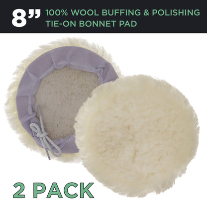 Premium 8 Inch Wool Buffing Pads (2 Pack) - 100% Natural Wool Buffer Pads, Polishing Pad for Car Detailing - 1 Inch Thick Pile, Tie-On Bonnet Buffing Pad for Orbital Buffer