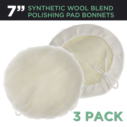 Premium 7 Inch Wool Buffing Pads (3 Pack) - Synthetic Wool Buffer Pads, Polishing Pad for Car Detailing - 1 Inch Thick Pile, Tie-On Bonnet Buffing