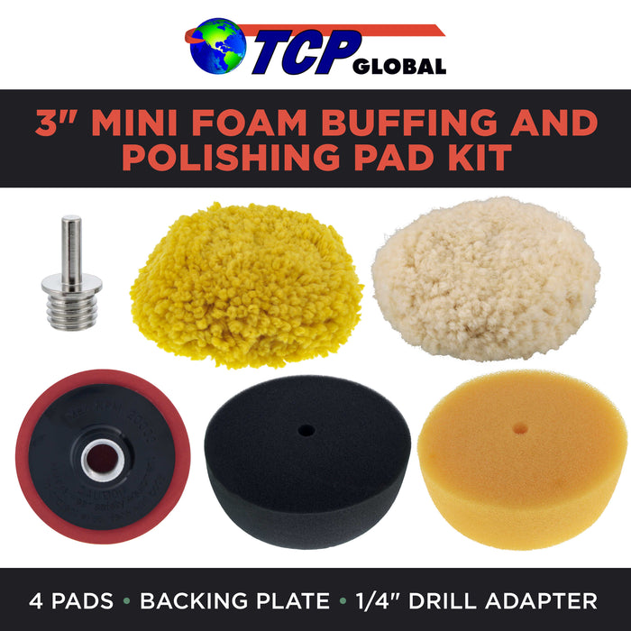 TCP Global Brand 3" Mini Buffing and Polishing Pad Kit with 4 Pads, Backing Plate, and 1/4" Drill Adapter
