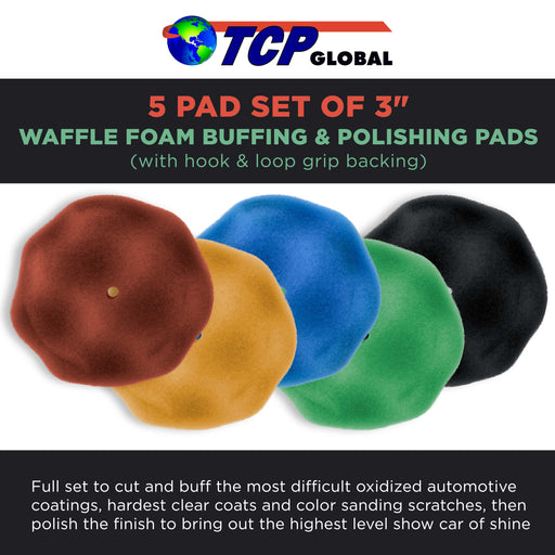 5 Pad Set of 3" Waffle Foam Buffing & Polishing Hook & Loop Grip Pads Kit