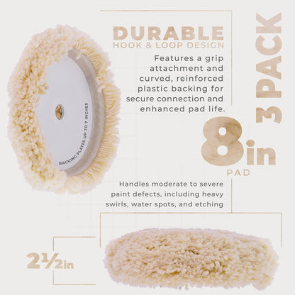 8" 100% Wool Polishing & Buffing Pad (3 Pack) with Hook and Loop Backing - Wool Buffing Pad for Automotive, Marine, Truck, RV & Compound Cutting