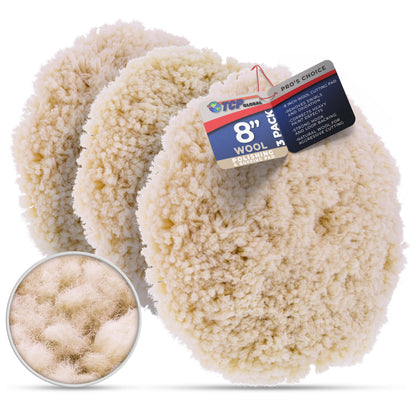 8" 100% Wool Polishing & Buffing Pad (3 Pack) with Hook and Loop Backing - Wool Buffing Pad for Automotive, Marine, Truck, RV & Compound Cutting