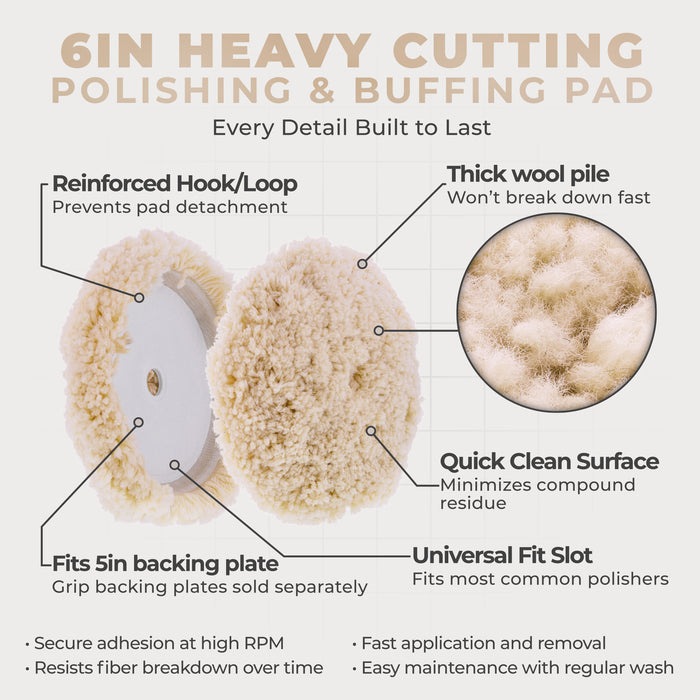 6" 100% Wool Polishing & Buffing Pad (2 Pack) with Hook and Loop Backing - Wool Buffing Pad for Automotive, Marine, Truck, RV & Compound Cutting