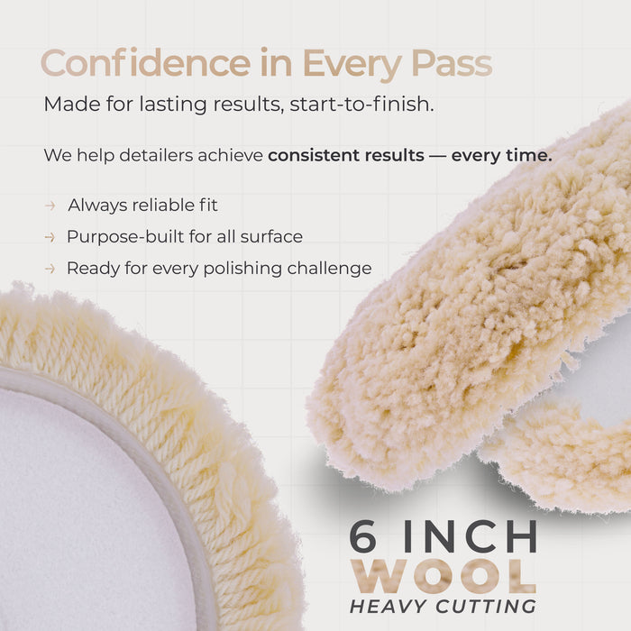 6" 100% Wool Polishing & Buffing Pad (2 Pack) with Hook and Loop Backing - Wool Buffing Pad for Automotive, Marine, Truck, RV & Compound Cutting