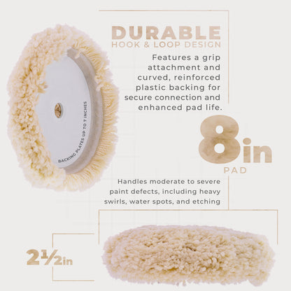 8" 100% Wool Polishing & Buffing Pad with Hook and Loop Backing - Wool Buffing Pad for Automotive, Marine, Truck, RV & Compound Cutting