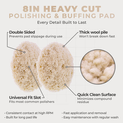 8" 100% Wool Polishing & Buffing Pad Double Sided - Wool Buffing Pad for Automotive, Marine, Truck, RV & Compound Cutting