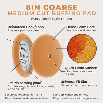 8" Orange Foam Buffing Pad Coarse Cutting Polish Hook & Loop - Standard Grade Cutting Pad