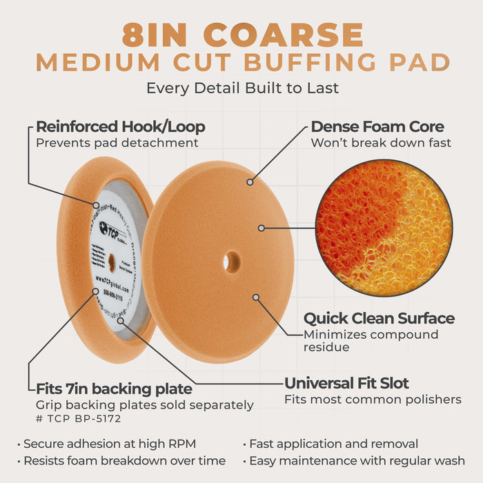 8" Orange Foam Buffing Pad Coarse Cutting Polish Hook & Loop - Standard Grade Cutting Pad