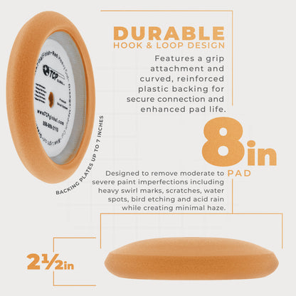 8" Orange Foam Buffing Pad Coarse Cutting Polish Hook & Loop - Standard Grade Cutting Pad