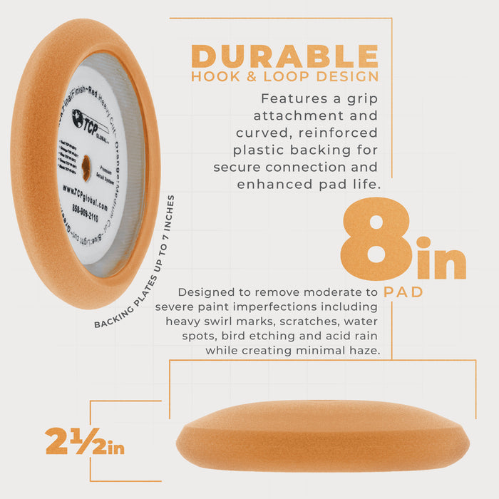 8" Orange Foam Buffing Pad Coarse Cutting Polish Hook & Loop - Standard Grade Cutting Pad