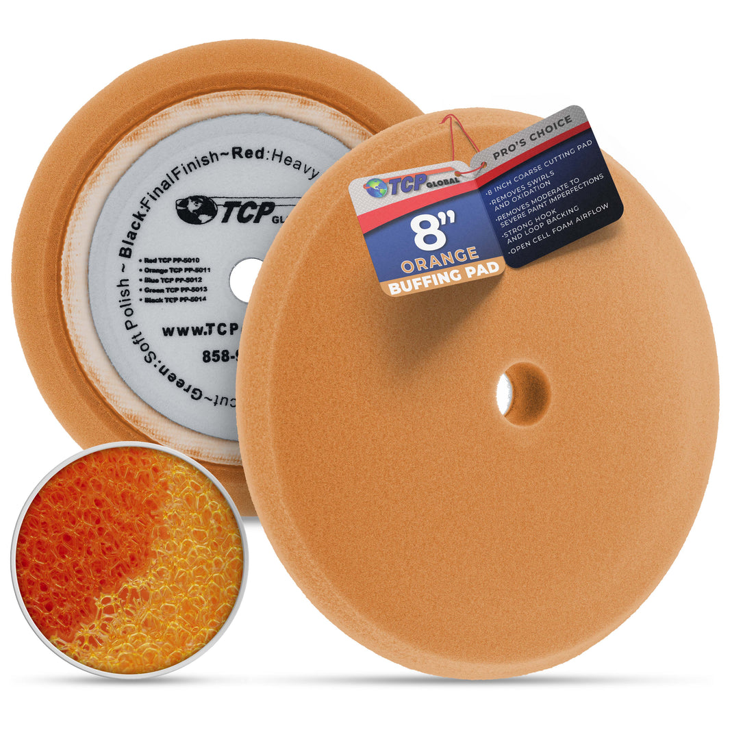 8" Orange Foam Buffing Pad Coarse Cutting Polish Hook & Loop - Standard Grade Cutting Pad