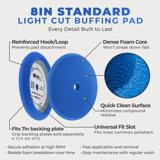 8" Blue Foam Buffing Pad Light Cut Polish Hook and Loop Backing - Buffing Pad for Automotive, Marine, Truck, RV & Compound Cutting