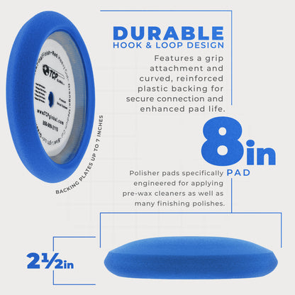 8" Blue Foam Buffing Pad Light Cut Polish Hook and Loop Backing - Buffing Pad for Automotive, Marine, Truck, RV & Compound Cutting