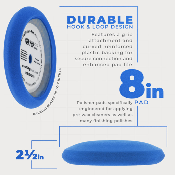 8" Blue Foam Buffing Pad Light Cut Polish Hook and Loop Backing - Buffing Pad for Automotive, Marine, Truck, RV & Compound Cutting
