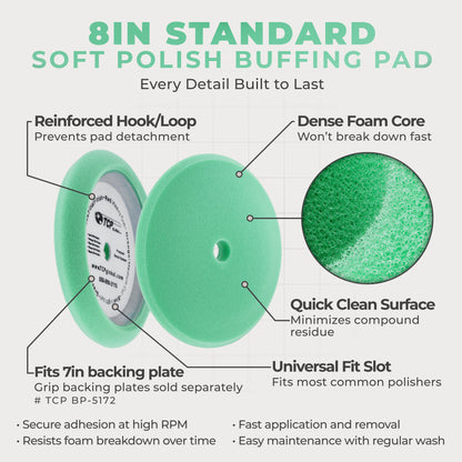 8" Green Foam Buffing Pad Final Cut Polish Hook and Loop Backing - Buffing Pad for Automotive, Marine, Truck, RV & Compound Cutting