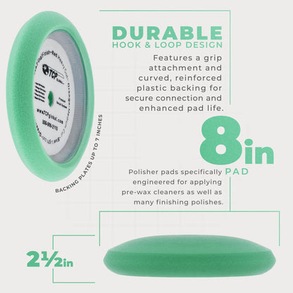 8" Green Foam Buffing Pad Final Cut Polish Hook and Loop Backing - Buffing Pad for Automotive, Marine, Truck, RV & Compound Cutting