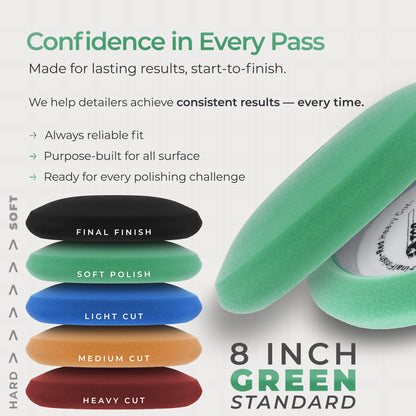 8" Green Foam Buffing Pad Final Cut Polish Hook and Loop Backing - Buffing Pad for Automotive, Marine, Truck, RV & Compound Cutting
