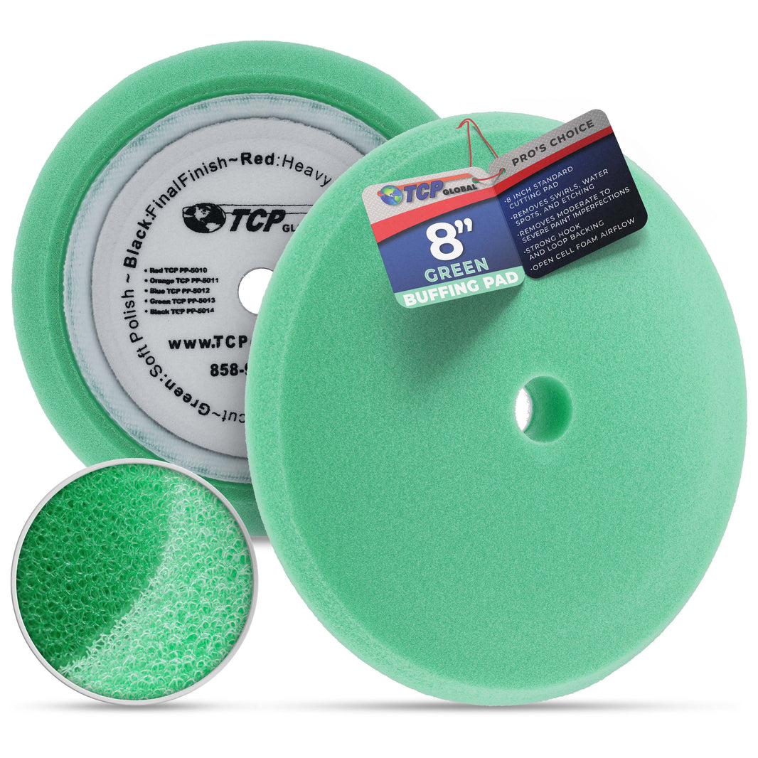 8" Green Foam Buffing Pad Final Cut Polish Hook and Loop Backing - Buffing Pad for Automotive, Marine, Truck, RV & Compound Cutting