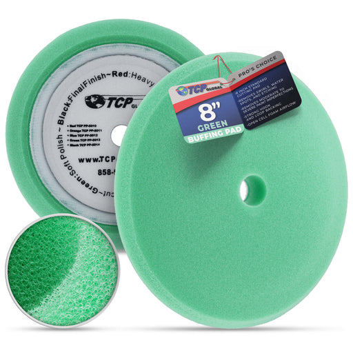 8" Green Foam Buffing Pad Final Cut Polish Hook and Loop Backing - Buffing Pad for Automotive, Marine, Truck, RV & Compound Cutting