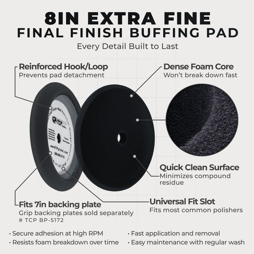 8" Black Foam Buffing Pad Extra Fine Finishing Polish Hook and Loop Backing - Buffing Pad for Automotive, Marine, Truck, RV & Compound Cutting