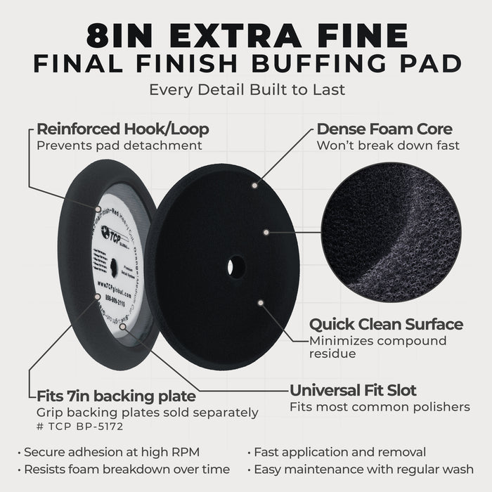 8" Black Foam Buffing Pad Extra Fine Finishing Polish Hook and Loop Backing - Buffing Pad for Automotive, Marine, Truck, RV & Compound Cutting