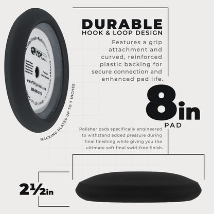 8" Black Foam Buffing Pad Extra Fine Finishing Polish Hook and Loop Backing - Buffing Pad for Automotive, Marine, Truck, RV & Compound Cutting