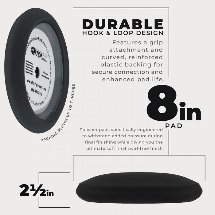 8" Black Foam Buffing Pad Extra Fine Finishing Polish Hook and Loop Backing - Buffing Pad for Automotive, Marine, Truck, RV & Compound Cutting